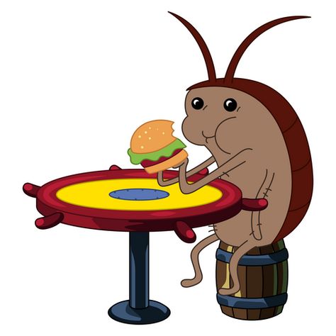 This little cute brown creature is a Cockroach that lives in the kitchen of the Krusty Krab. SpongeBob made a small restaurant especially for Cockroach, put him at a miniature table, and fed him a... Cockroach From Spongebob, Krusty Krab Kitchen, Cockroach Spongebob, Spongebob Restaurant, Spongebob Cockroach Eating, Spongebob Roach, Spongebob Illustration, Spongebob Workout, Spongebob Krusty Krab