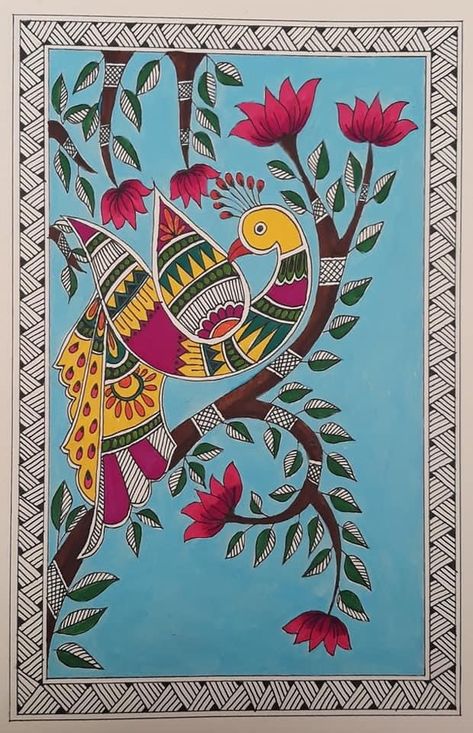 Madhubani Painting Bird, Pattachitra Paintings Design, Indian Folk Art Painting Easy, Madhubani Art Peacock, Kalamkari Painting Easy, Madhubani Painting Easy, Pithora Painting, World Art Painting, Madhubani Paintings Traditional