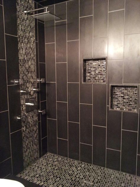 Cubies for stuff. Love the tile!!!! Makeover Kamar Mandi, Beautiful Small Bathrooms, Bilik Air, Bathroom Shower Design, Small Bathroom Renovation, Tile Layout, Steam Showers Bathroom, Bathroom Shower Tile, Bathroom Remodel Shower