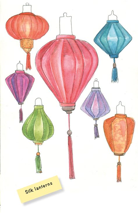 Bujo Lantern Theme, Chinese Lantern Watercolor, Vietnamese Lantern Tattoo, Vietnamese Drawing, Chinese Lantern Art, Chinese Lantern Drawing, Vietnamese Tattoo Ideas, Lanterns Drawing, Vietnamese Lanterns