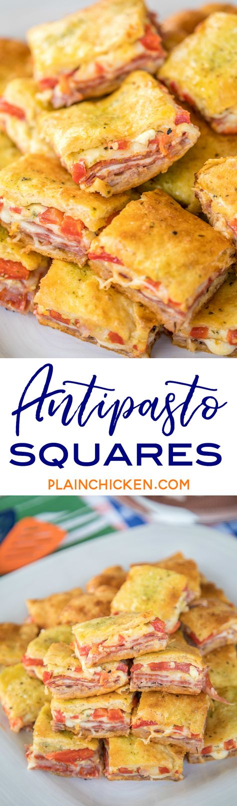 Antipasto Squares recipe - SO GOOD!! Crescent rolls stuffed with ham, salami, pepperoni, provolone, swiss, and roasted red peppers. then topped with a parmesan cheese, egg and pesto mixture and baked. These things are ridiculously good!!! There are never any leftovers when I take these to party! #appetizer #partyfood #crescentrolls Antipasto Squares, Fingerfood Party, Square Recipes, Party Appetizer, Finger Food Appetizers, Football Food, Party Food Appetizers, Crescent Rolls, Provolone