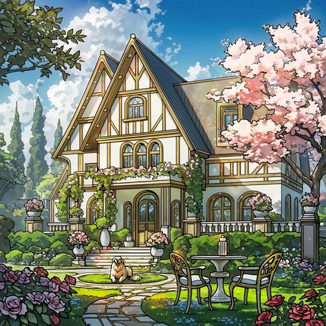 Aesthetic House Exterior, House Fever, Coloring Aesthetic, Vintage Mansion, Relaxing Photos, Anime House, Japanese Village, Magical House, Episode Backgrounds