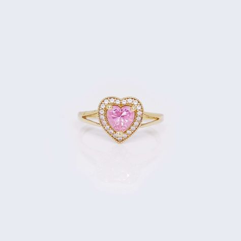 14K Gold Princess Pink Heart Cubic Zirconia Stones Ring Pink Heart Rings, Gold Face, Pink Accessories, Yellow Stone, Unique Jewelry Designs, White Gold Band, Intricate Design, Fit Inspo, Gold Band