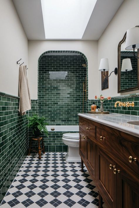 6 Dated Bathroom Design Elements Making a Comeback in 2024 | Livingetc Tiled Alcove Bathtub, Bath In Alcove, Tiled In Bathtub, Green Tile Bathtub, Bathroom Ideas Green Tiles, Green Tile Bathrooms, Mixed Tile Bathroom, Bathroom Interior With Bathtub, Black And White Bathroom Tile Ideas