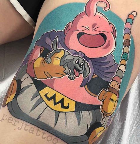 Majin Buu Tattoo by Adam Perjatel- Majin Boo Tattoo, Majin Buu Tattoo, Goku Tattoos, Db Tattoo, Sox Lightyear, Andy Tattoo, Boo Tattoo, Negative Tattoo, Buu Dbz