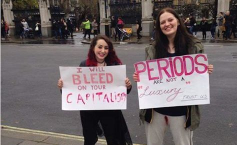 Women free bleed outside parliament to protest tampon tax: http://www.dazeddigital.com/artsandculture/article/28309/1/women-free-bleed-outside-parliament-to-protest-tampon-tax Period Products, Women In White, Protest Signs, Three Women, Social Movement, White Trousers, It's Meant To Be, Thoughts And Feelings, Womens Rights