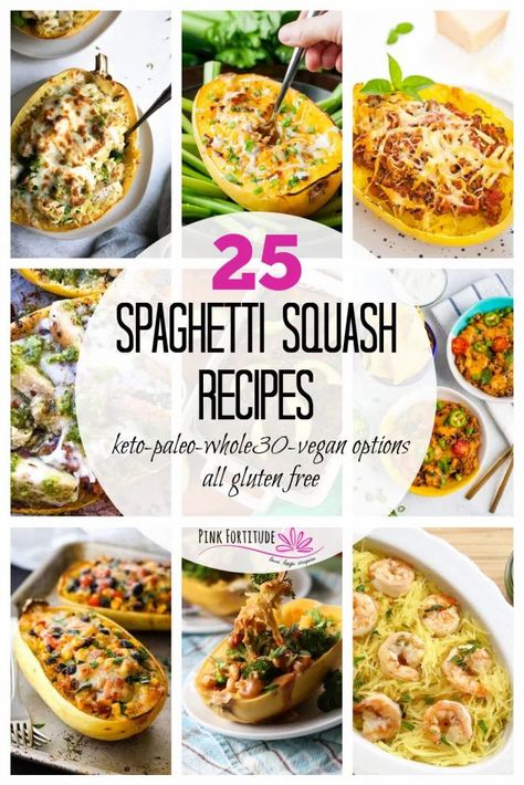 We've got 25 of the best gluten free spaghetti squash dinner recipes here for you today. They are organized into categories including Keto and Low Carb, Paleo and/or Whole30, Vegan and Vegetarian, plus a few that are a little more indulgent. Plus, I'll share four ways to make spaghetti squash. Let the cooking begin! Whole 30 Recipes Spaghetti Squash, Whole30 Spaghetti Squash Recipes, Gluten Free Dairy Free Spaghetti Squash, Whole 30 Spaghetti Squash Recipes, Spaghetti Squash Recipes Dairy Free, Squash Dinner Recipes, Vegetarian Spaghetti Squash Recipes, Paleo Spaghetti Squash Recipes, Keto Spaghetti Squash Recipes