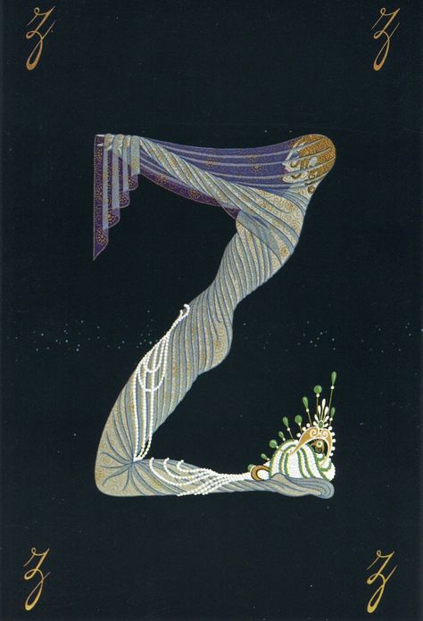 Alphabet - Y and Z This is a double sided art deco vintage print from the Alphabet Suite by Erte (Romain de Tirtoff).   In excellent condition, it is a genuine original vintage print, from the autographed limited-edition volume, collated and published by Dover in its First Edition (1978).  It is printed on quality heavy coated paper, in vibrant colours.  The print is post-free within the UK. Print size approximately 9 inches x 12 inches (23 x 31 cms) including a generous margin for framing. The Erte Art Deco Illustrations, Erte Alphabet, Erte Illustration, Erte Art Deco, Erte Art, Romain De Tirtoff, Art Deco Illustrations, Art Deco Artwork, Art Deco Paintings