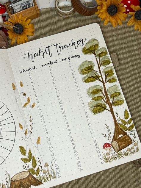 Mushroom Forest Bullet Journal Forest Journal Ideas, Bullet Journal Mushroom Theme, Cottagecore Bullet Journal, Mushroom Bujo, Nature Bullet Journal, October Habit Tracker, Mushroom Bullet Journal, November Bujo, Mushroom Theme