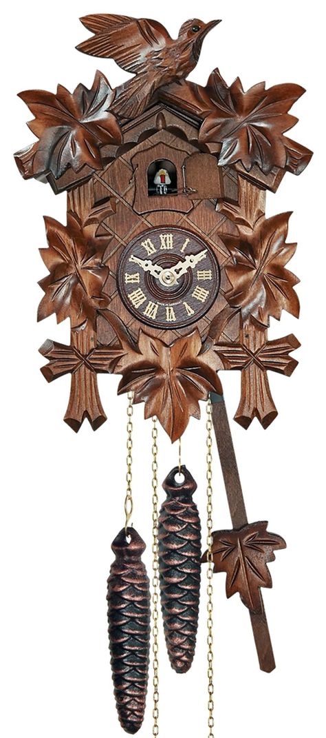 Cuckoo Clock - Quartz Traditional with Leaves & Bird - Engstler Forest Clock, Cuckoo Clocks, Clock Tattoo, Swinging Doors, River City, Pine Cone Decorations, Clock Shop, Wood Clocks, Cuckoo Clock