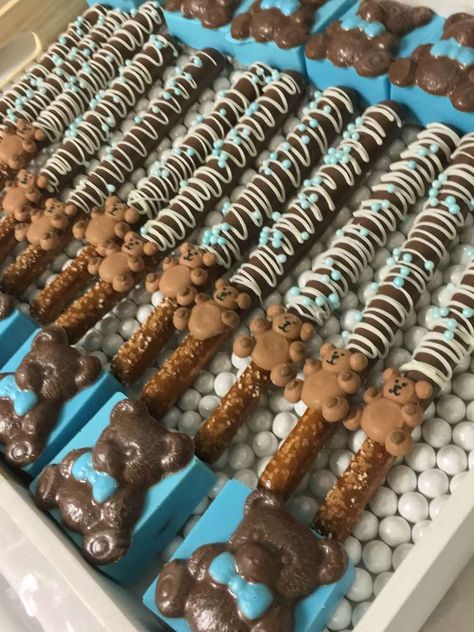 Teddy Bear Party Treats, Teddy Bear Chocolate Covered Pretzels, Teddy Bear Treats For Baby Shower Boys, Bear Baby Shower Desserts, Teddy Bear Baby Shower Theme Cake, Bear Baby Shower Treats, Teddy Bear Baby Shower Food, Baby Boy Teddy Bear Shower Ideas, Teddy Bear Baby Shower Theme Treats