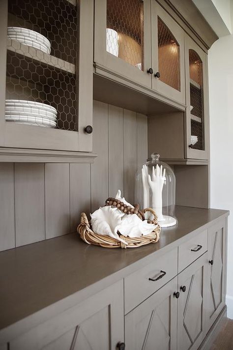 Chicken Wire Cabinets, Grey Farmhouse Kitchen, Shiplap Backsplash, Grey Countertops, Gray Cabinets, Farmhouse Kitchen Cabinets, New Kitchen Cabinets, Kitchen Cabinets Makeover, Cabinet Makeover