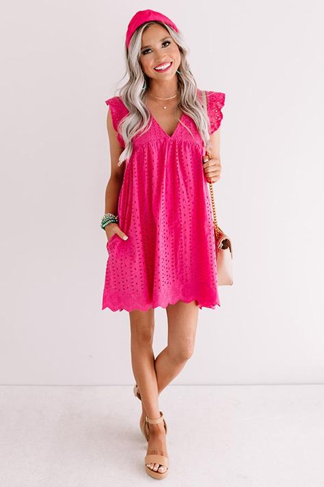 Pink Dress Western, Pink Dress Outfit Casual, Mini Pink Dress, Casual Dress Attire, Pink Dress Outfit, Pink Dress Outfits, Hot Pink Romper, Dress Western, Buyable Pins