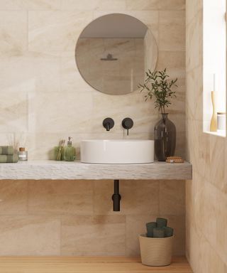 Bathroom Ideas Cream Tiles, Beige Bathroom Floor Tile, Bathroom Beige Tile Color Schemes, Beige Tiles Bathroom, Beige Bathroom Floor, Small Beige Bathroom Ideas, Beige Tile Bathroom, Wooden Bathroom Shelves, Brick Wall Decor