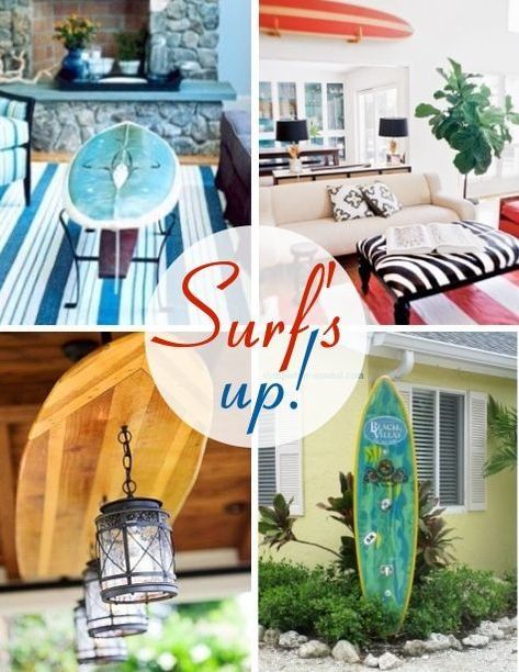 Surf's up with these surf board home decor ideas, bringing the surf board inside the home as well as outdoors. Surf board decorating ideas include using surf boards as wall decor, surfboard coffee tables, surf board lighting fixture, outdoor surfboard shower, and more. Featured on Completely Coastal. Surfing Decor Ideas, How To Make A Surfboard Decoration, Old Surfboard Ideas, Diy Surfboard Decor, Surf Style Home, Surf Board Decor, Surf Home Decor, Surfer Chic, Surfboard Table