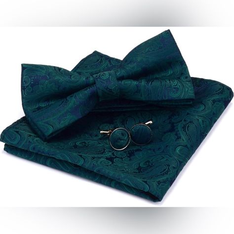 Never Worn! Unfortunately Didn’t Match A Dress I Was Wearing For A Wedding. The Color Is Amazing! Very Versatile! Dark Green Teal Color With Gorgeous Design Through Out. Bow Tie, Pocket Handkerchief And Cuff Links All Included And Never Worn! Teal Bow Tie, Paisley Wedding, Pocket Handkerchief, Element Design, Pre Tied Bow Tie, Bow Tie Wedding, Tie Men's, Cufflink Set, Cool Ties