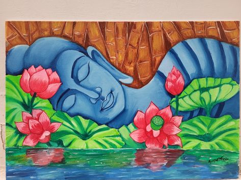 Buddha sleeping on lotus flower Sleeping Buddha Painting, Sleeping Buddha, Beginner Painting On Canvas, Watercolor Painting Easy, Buddha Painting Canvas, Peacock Embroidery Designs, Peacock Embroidery, Kerala Mural Painting, Buddha Art Painting