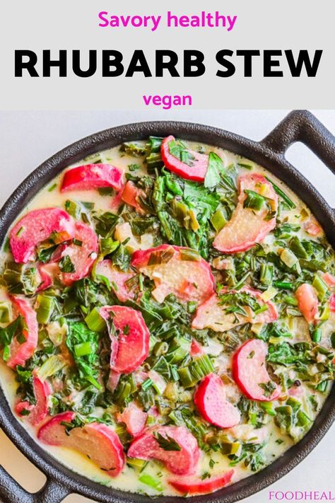 Enjoy this savory rhubarb recipe with radish greens. It's a sweet sour vegan side dish that you can serve with rice, quinoa or bread. #rhubarb #rhubarbsavoryrecipe #veganrecipes #healthyrecipes #sidedish #vegetables Vegan Rhubarb, Rhubarb Savory, Rhubarb Savory Recipes, Rhubarb Recipes Vegan, Vegan Rhubarb Recipes, Savory Rhubarb Recipes, Radish Greens, Eating Carrots, Radish Recipes