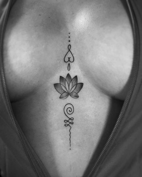 Center Of Chest Tattoo Female, Minimalist Back Tattoo Women, Tattoos In Between Breast, Tattoo On Chest Female, Tats Between Breast, Tattoo Ideas Female Neck, Tattoo In Between Chest Woman, Female Chest Tattoo Ideas, Tattoo Ideas Female Chest