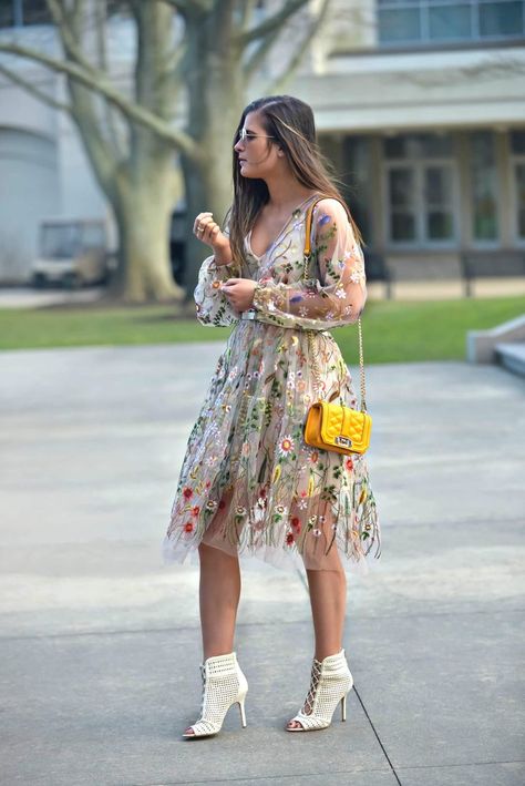 Embroidered Easter Ensemble - Easter outfit ideas, dressy spring look, spring style - H&M floral embroidered dress, Sam Edelman white heels, Rebecca Minkoff yellow bag Womens Easter Outfits, Casual Easter Outfit, Easter Outfit Ideas, Easter Sunday Outfit, Dressy Spring Outfits, Cute Easter Outfits, Outfit Ideas Dressy, Easter Dresses For Women, Easter Fashion