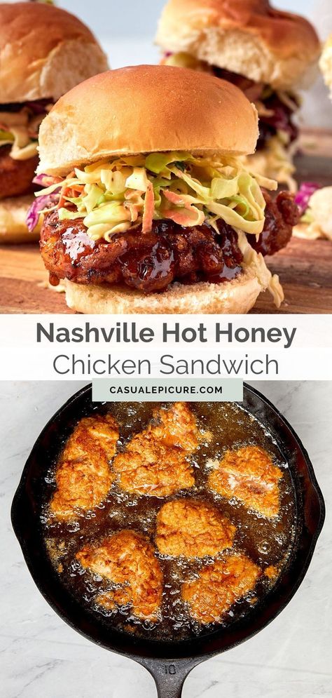 Crisp and spicy with tender meat inside, this Nashville Hot Honey Chicken Slider Sandwich recipe serves up delicious fried chicken coated with a hot honey sauce and topped with coleslaw and pickle slices on slider rolls. Hot Honey Sauce, Hot Honey Chicken, Sliders Recipes Chicken, Hot Chicken Sandwiches, Slider Rolls, Slider Sandwiches, Spicy Chicken Sandwiches, Nashville Hot Chicken, Pickle Slices