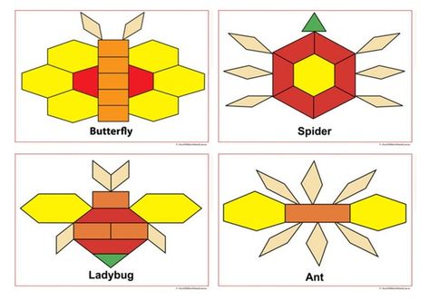 Insect Pattern Blocks enable children to develop spatial reasoning and problem-solving skills. Insect Block Center Preschool, Block Center Preschool, Pattern Block Templates, Aussie Childcare Network, Insect Pattern, Spatial Reasoning, Block Center, Shapes Worksheets, Block Patterns