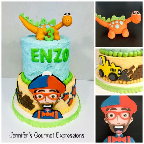 Blippi cake with sculpted gum paste dinosaur, bulldozer, fondant Blippi Blippi Dinosaur Cake, Blippi Dinosaur, Blippi Dinosaur Birthday Party, Dino Birthday Cake, Dinosaur Birthday Theme, Dinosaur Birthday Cakes, Dinosaur Cake, Dino Birthday, Dinosaur Birthday Party