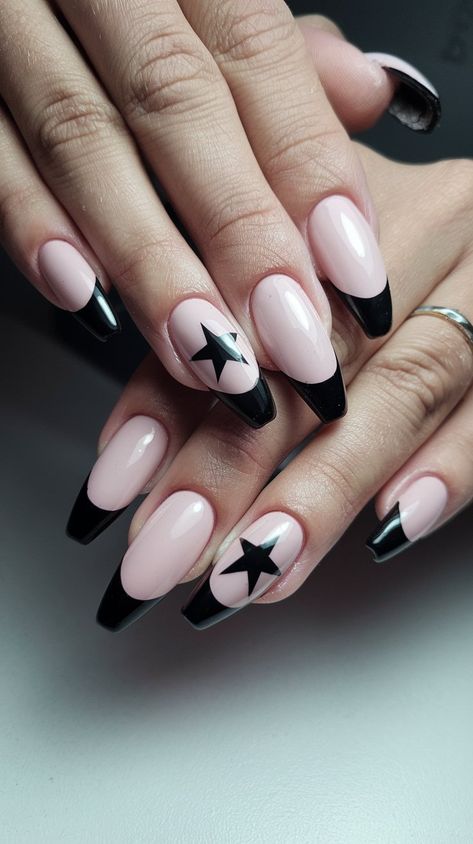 Elevate your nail game with this dreamy design featuring a soft light pink base and crisp white tips that mimic the beauty of a starlit sky! Each nail is embellished with a bold black star placed strategically on opposite sides, ensuring a unique look for every finger. Perfect for brunch with friends or a casual outing, these nails blend whimsical charm with chic sophistication. Let your nails be the talk of the town! #NailInspo #PastelNails #AcrylicArt Dreamy Design, Starlit Sky, White Tips, White Tip, Talk Of The Town, Pastel Nails, Nails Inspo, Nail Games, Bold Black