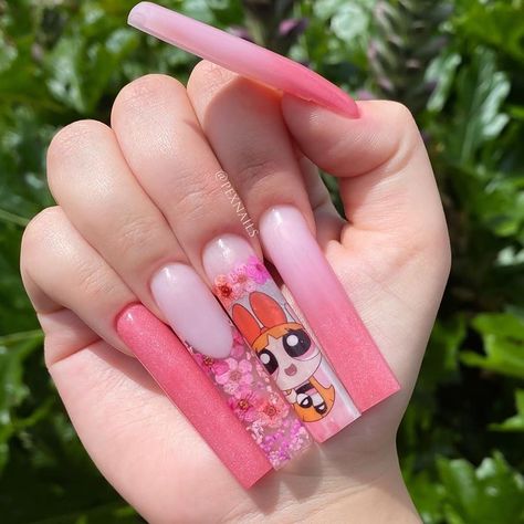 Dippy Cow Nails™️ on Instagram: “How’s that for length 😝 • @pexnails using my Powerpuff Girls decals. • 3 FOR 2 decals with code ONEFREE ❤️” Ppg Nails, Powerpuff Nail Art, Powerpuff Inspired Nails, Bubbles Nails Powerpuff, Powerpuff Girls Nail Art, Powerpuff Girls Nails Acrylic, Coloring Nails, Mind Relaxing, Inner Mind