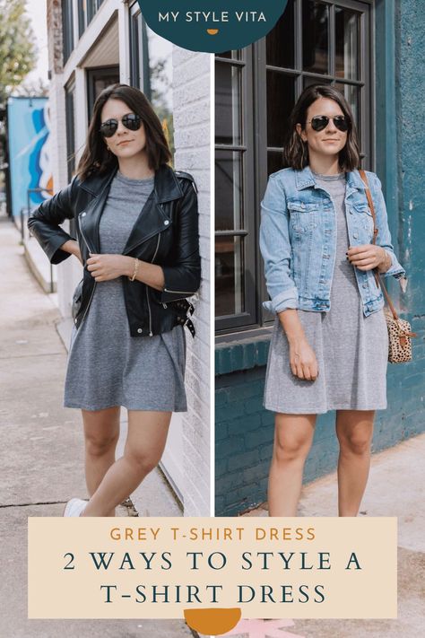 This grey t-shirt dress is perfect to throw on and go. Here are a few t-shirt dress outfit ideas that are casual but still stylish for spring, summer or fall. Grey Tshirt Dress Outfit, T Shirt Dress Outfit, Atlanta Style, Tshirt Dress Outfit, Grey T Shirt Dress, Shirt Dress Outfit, Atlanta Fashion, Fall Dress Outfit, Capsule Outfits