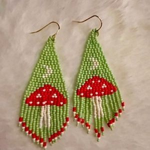 Jewelry | Mushroom Beaded Fringe Earrings | Poshmark Mushroom Fringe Earrings, Mushroom Beaded Earrings, Fringe Earrings Diy, Mushroom Crafts, Beaded Fringe Earrings, Red Mushroom, Seed Beading, Beading Jewelery, Brick Stitch Earrings