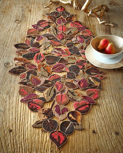 H82VF Kim Seybert LAUREL RUNNER Thanksgiving Runner, Beaded Table Runner, Beaded Table, Kim Seybert, Penny Rugs, Table Runner Pattern, Wool Projects, Quilted Table Runners, Leaf Table