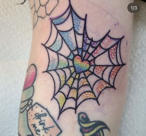 Colored Dots Tattoo, Black Light Tattoos For Women, Scenecore Tattoo, Girly Neo Traditional Tattoo, Colorful Halloween Tattoos, Spiderweb Knee Tattoo Women, Lisa Frank Tattoo Ideas, Lisa Frank Tattoo, Girly Traditional Tattoo