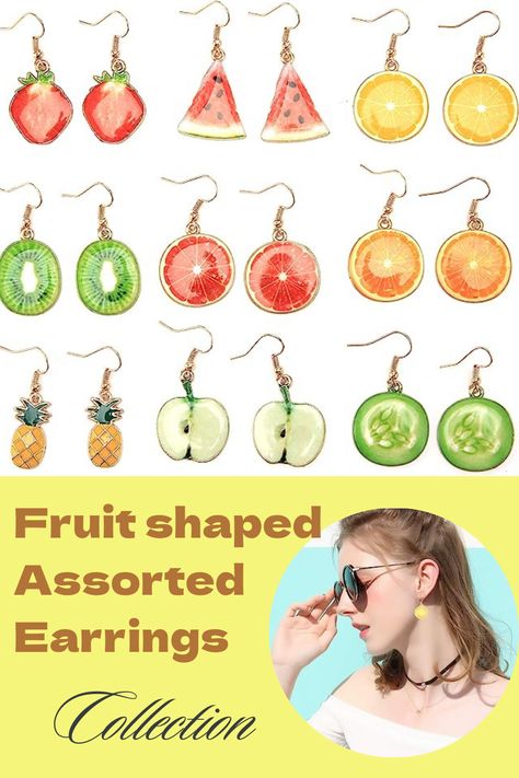 A thoughtful present for mom, wife,girlfriend,best friend,teen girls or yourself🥰 【Resin alloy】Hand-made imported summer earring sets for women contains watermelon, strawberry, grapefruit, kiwi, cucumber, orange, apple, lemon, Pineapple🍊🍓🍋🍍 【SIZE example】H×W＝1.57in ×0.78 in Cheap Trendy Fruit Design Earrings, Trendy Fruit Design Drop Earrings, Green Dangle Earrings With Fruit Design, Kiwi Earrings, Resin Fruit Earrings, Cute Dangle Earrings With Fruit Design, Weird Fruit, Watermelon Earrings, Lemon Earrings