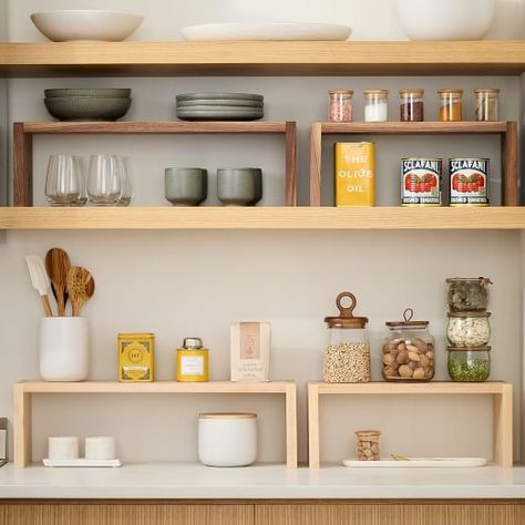 Reds Wood Design Stove Top Shelf Riser | West Elm Shelf Riser, Maple Kitchen, Walnut Kitchen, Kitchen Shelf, Kitchen Rack, Wood Kitchen, Kitchen Shelves, Küchen Design, Kitchen Counter