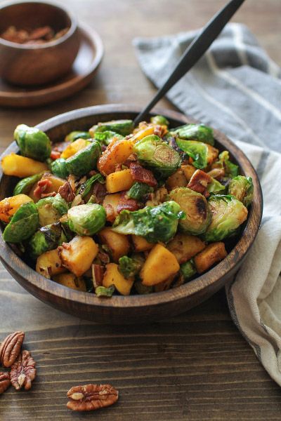 Maple Cinnamon Glazed Acorn Squash and Brussels Sprouts with Bacon from The Roasted Root Paleo Acorn Squash, Pecan Halves, Brussels Sprouts With Bacon, Acorn Squash Recipes, Bacon Brussel Sprouts, Sprouts With Bacon, Brussels Sprouts Recipe, Acorn Squash, Bacon Recipes