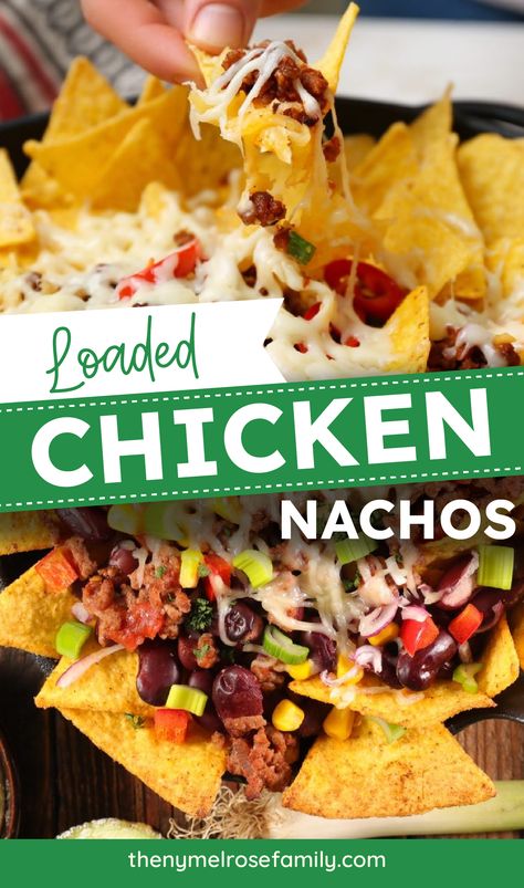 Loaded Chicken Nachos Jerk Chicken Nachos, Loaded Chicken Nachos, Dinner Appetizers Easy, Bbq Chicken Nachos, Busy Weeknight Meals, Chicken Nachos Recipe, Loaded Chicken, Easy Nachos, Easy Bbq Chicken