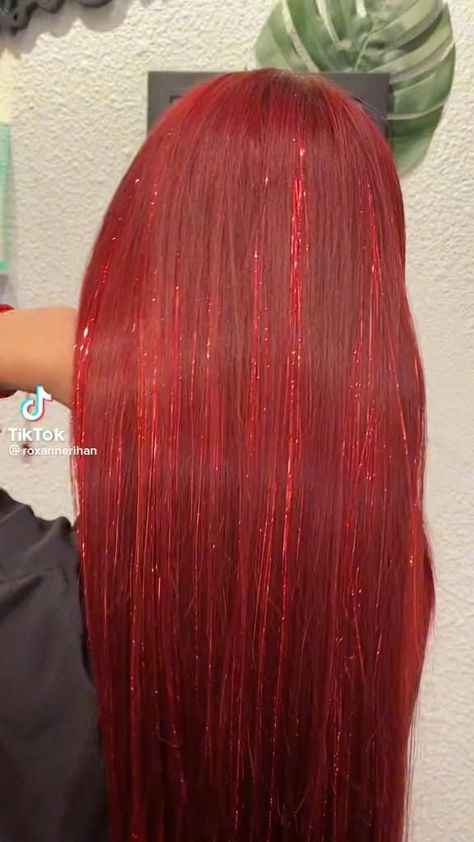 Tinsel In Red Hair, Red Hair With Tinsel, Hair Tinsel Red Hair, Unique Red Hair Color Ideas, Red Extensions Hair, Red Hair With Extensions, Red Hair Bratz, Red Hair Tinsel, Valentines Hair Color