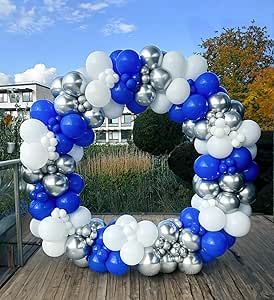 Round Balloon Garland, Blue And Silver Wedding Decorations, Blue And White Balloon Garland, White Balloon Garland, Blue And Silver Wedding, Balloons For Wedding, Silver Party Decorations, Silver Wedding Decorations, 21st Birthday Decorations