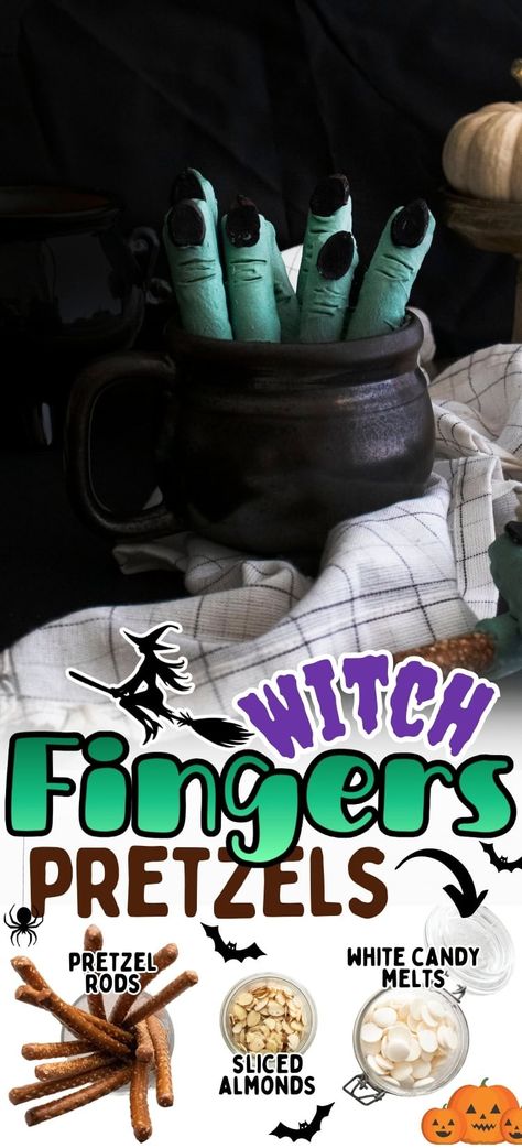 Creepy-Cute Witch Finger Pretzels: A Simple Halloween Treat Recipe! Learn to make spooky green pretzel rods with almond fingernails. This Halloween snack is perfect for parties and sure to grab attention. Great for easy Halloween recipes, party snacks, and festive treats! Witch Fingers Food, Witch Finger Pretzels, Pretzel Rod Ideas, Green Pretzel Rods, Spiderweb Pretzels, Halloween Recipes Party, Finger Pretzels, Halloween Pretzel Treats, Halloween Pretzel Rods