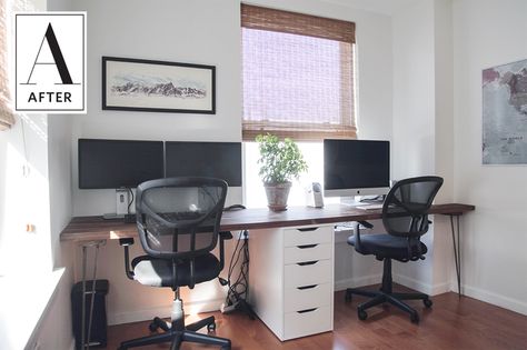 Before & After: A Whole New Look for a Home Office | Apartment Therapy 2 Desk Office Layout, Double Desk Home Office, Double Home Office Ideas, Nola House, Shared Home Office, Sunroom Office, Home Office Apartment, Office Redo, Cheap Office Furniture