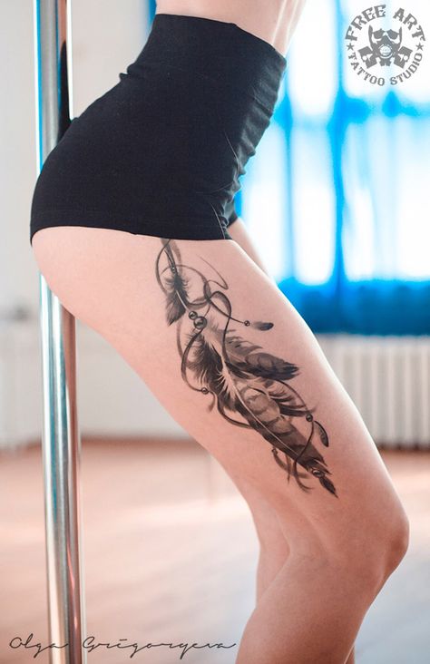 20 Dreamy Feather Tattoo Ideas & Inspiration - Brighter Craft Indian Feather Tattoos, Side Thigh Tattoos, Native Tattoos, Feather Tattoo Design, Inspiration Tattoos, Leg Tattoos Women, Indian Tattoo, Thigh Tattoos Women, Feather Tattoo