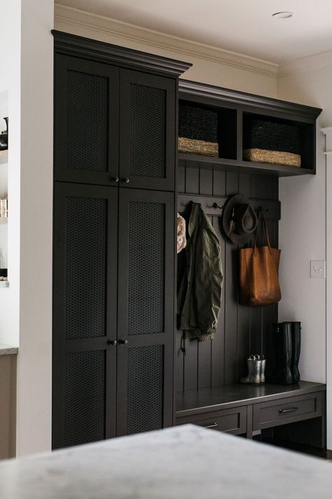 Goth Mudroom, Paneled Mudroom, Moody Mud Room, Brown Mudroom, Black Mud Room, Foyer With Storage, Dark Mudroom, Mudroom Baskets, Entryway Built In Ideas