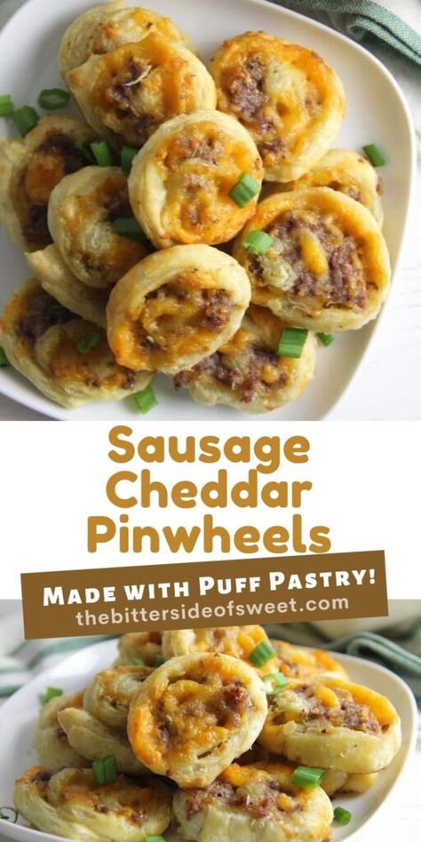 Puff Pastry Sausage Cheddar Pinwheels make a great game day snack. Filled with sausage and cheese they're great for dipping and so easy to make! | The Bitter Side of Sweet Buffalo Chicken Puff Pastry, Savoury Scrolls, Sausage Rolls Puff Pastry, Breakfast Puff Pastry, Sausage Pinwheels, Sausage Puffs, Puff Pastry Recipes Savory, Puff Pastry Pinwheels, Cream Cheese Puff Pastry