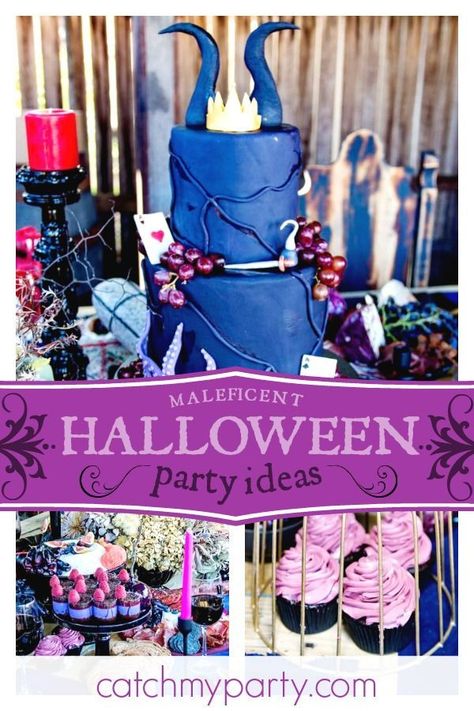 Be blown away by this evil Maleficent themed Halloween party! The cake is unbelievable!! See more party ideas and share yours at CatchMyParty.com  #catchmyparty #partyideas #halloween #halloweenparty #disneyvillians #villans #crueladeville #Maleficent #di Heroes And Villains Halloween Party, Halloween Disney Villains, Disney Villains Halloween, Villain Party, Villains Halloween, Maleficent Party, Maleficent Halloween, Halloween Bingo Cards, Villains Party