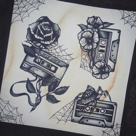 Traditional Cassette Tattoo, Music Cassette Tattoo, Casset Tapes Tattoo, Cassette Tape Tattoo Traditional, Cassette Tattoo Design, Oldies Tattoo, Traditional Music Tattoo, Mixtape Tattoo, Cassette Tape Tattoo