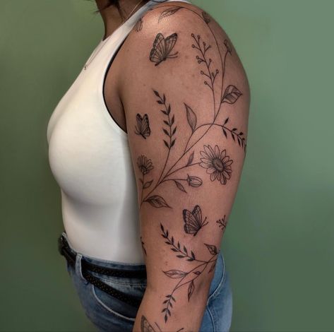 Flower And Vine Sleeve Tattoo, Vine Flower Arm Tattoo, Earth Arm Tattoo, Flower And Leaves Tattoo Sleeve, Floral Vine Sleeve Tattoos For Women, Tattoos For Bicep Women, Womans Upper Arm Tattoo, Vine Up Arm Tattoo, Floral Wrap Tattoo Design