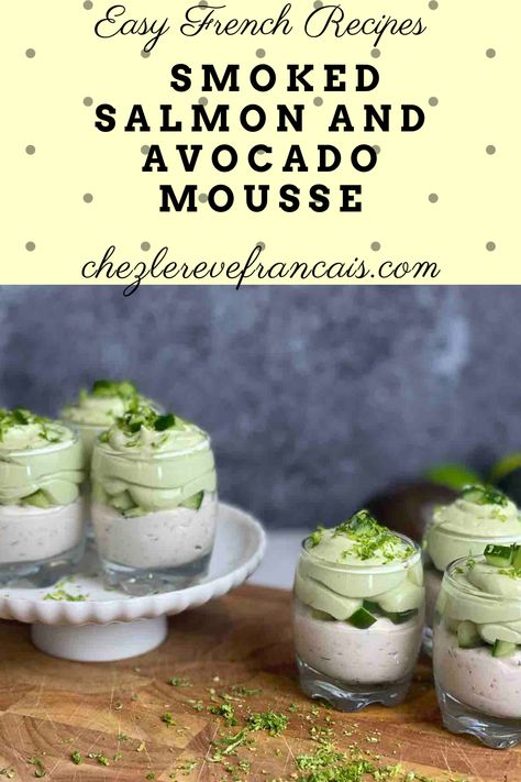 This smoked salmon mousse is fluffy and creamy without the need for gelatin. Topped with whipped avocado for a delicious appetiser. Avocado Mousse With Smoked Salmon, Smoked Salmon And Avocado Recipes, Avocado Mousse Savory, Christmas Mousse With Avocado And Smoked Salmon, Smoked Salmon Mousse Recipe, Salmon Mousse Appetizers, Easy Smoked Salmon Recipes, Salmon Mousse Recipe, Salmon Mousse Recipes