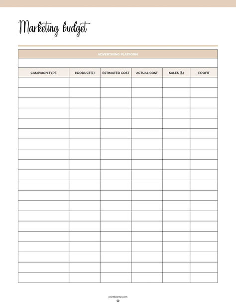 A Small Business Marketing Budget Tracker printable with columns to track campaign type, products, estimated and actual costs, sales, and profit, designed to manage advertising expenses. Small Business Planner Free Printables, Small Business Expenses, Budget Template Free, Instagram Collage, Small Business Planner, Business Expense, Marketing Budget, Budget Tracker, Tracker Printable