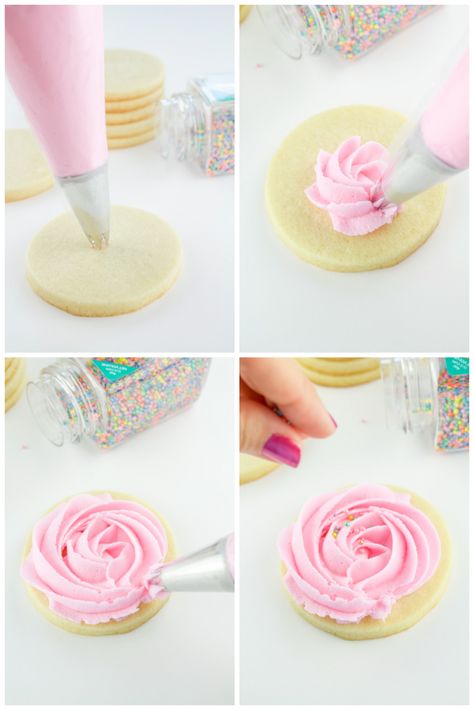 Learn how easy it is to make beautiful frosting rosettes! How To Make Rosettes, Buttercream Rosettes, Rosette Cookies, Buttercream Cookies, Wilton Icing, Wilton Tips, Frosting Flowers, Homemade Sugar Cookies, Bakery Ideas